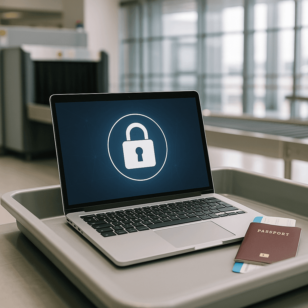 Closed laptop with padlock icon overlay at airport security checkpoint
