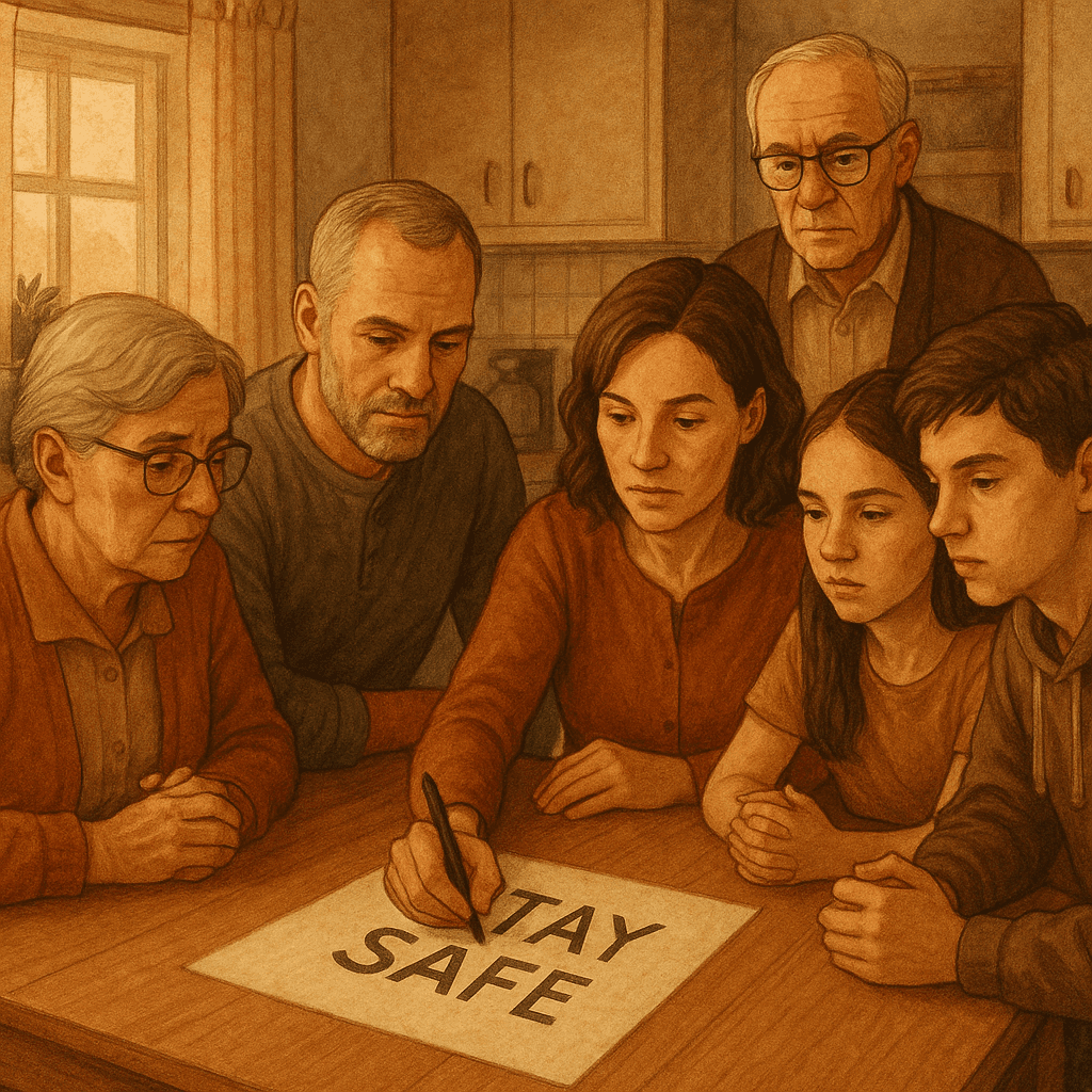 A family gathered around a kitchen table, sharing a private phrase written on a piece of paper, representing a shared secret defense against impersonation
