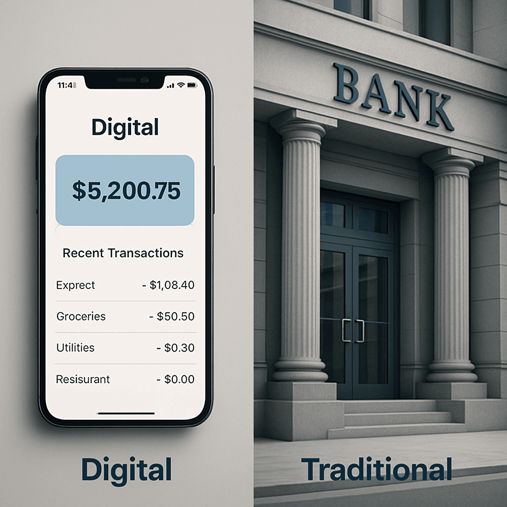 Split screen showing a smartphone banking app interface on one side and a traditional bank branch exterior on the other, representing the comparison between digital and physical banking security