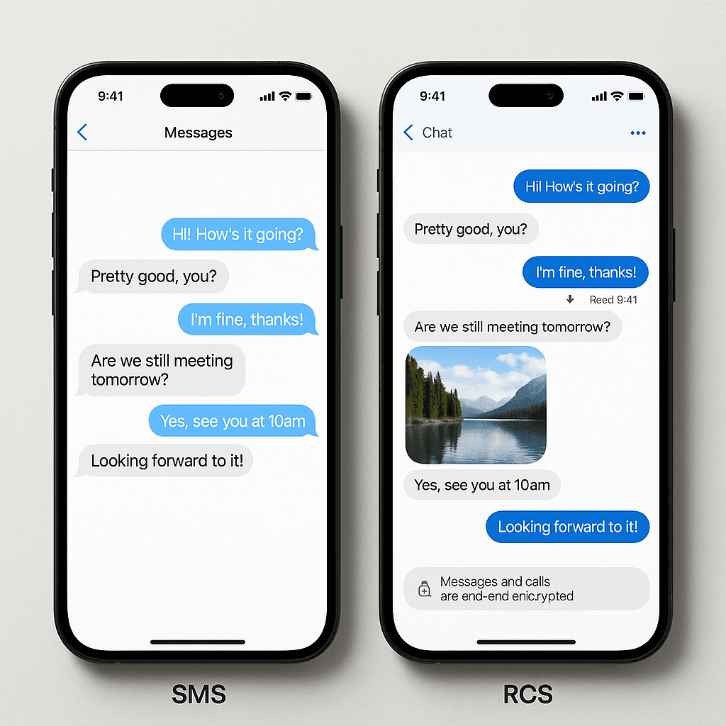 Two phones displaying a conversation with typing indicators, read receipts, and an image preview, illustrating RCS features compared to plain SMS text