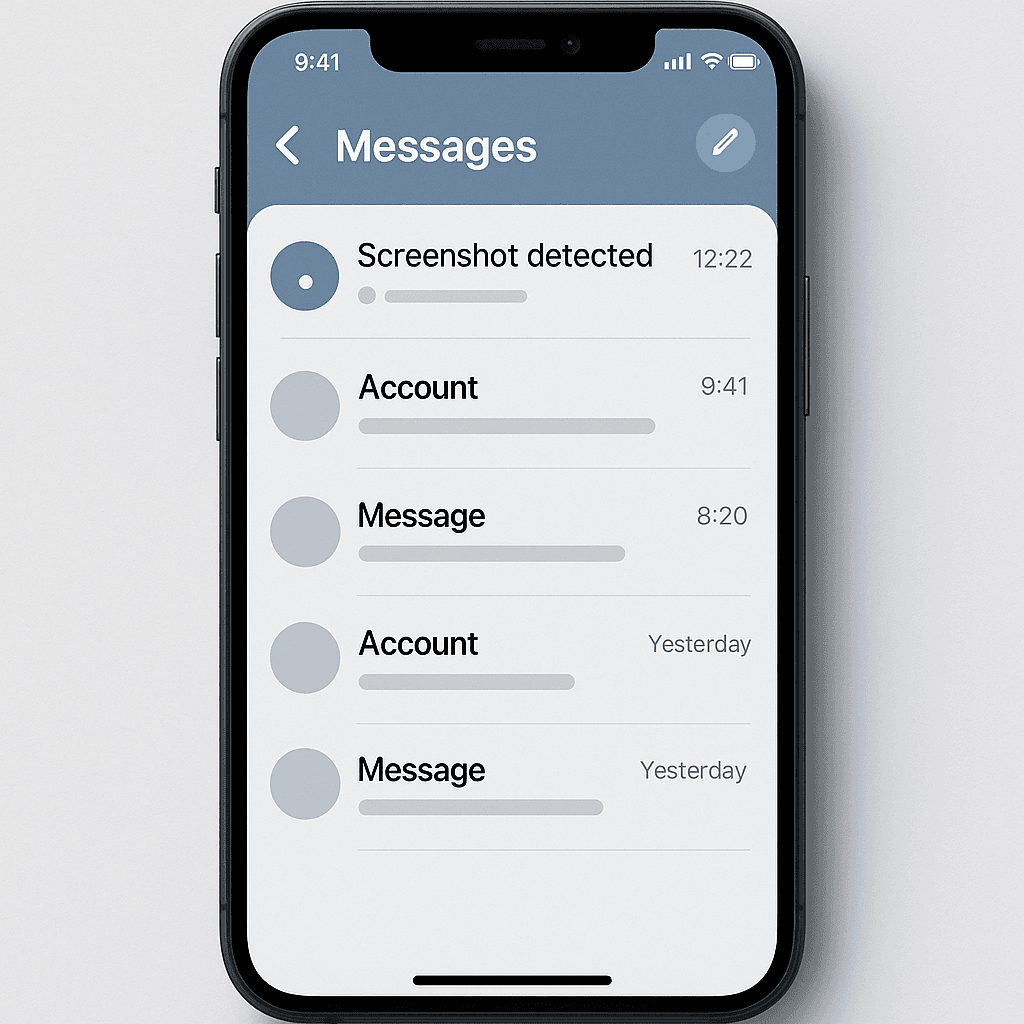 Phone screen showing notification icon with screenshot symbol overlaid on messaging interface