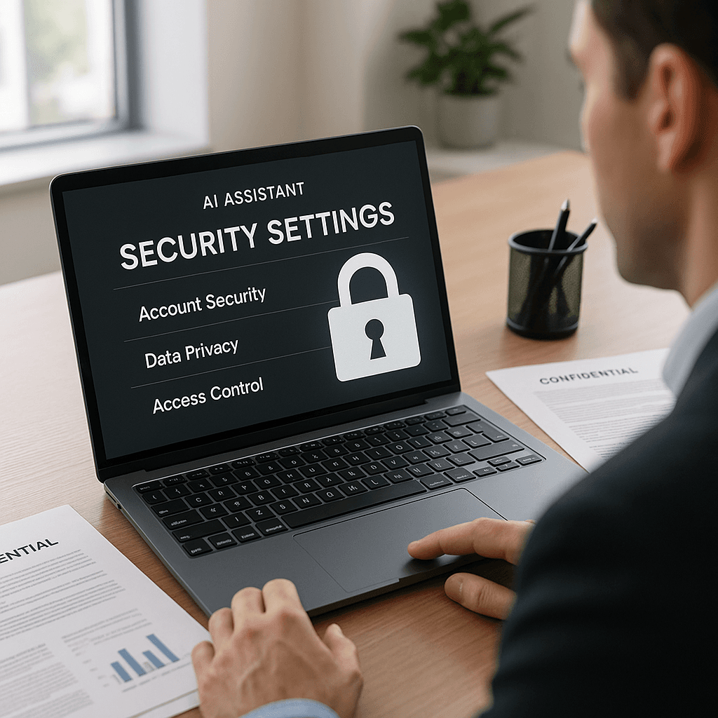 Professional reviewing AI assistant security settings on laptop in office environment
