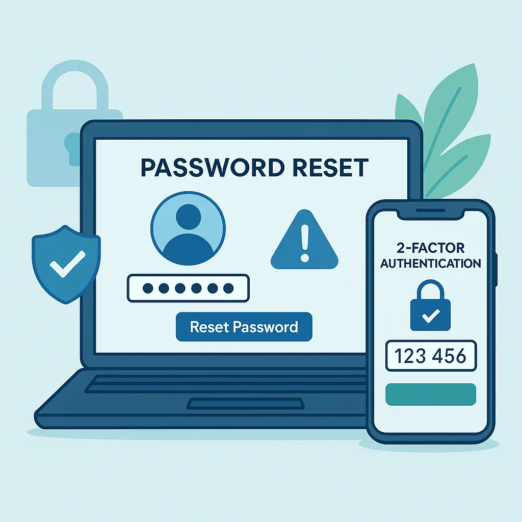 Laptop screen showing a password reset interface with a security notification overlay