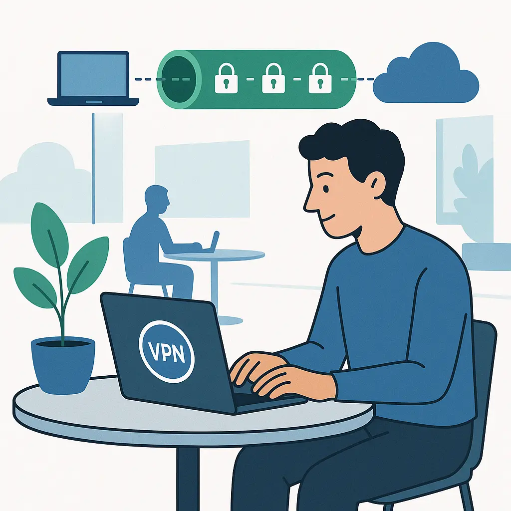 Split-screen comparison showing VPN active on left protecting public WiFi connection versus VPN inactive on right with home network already secured