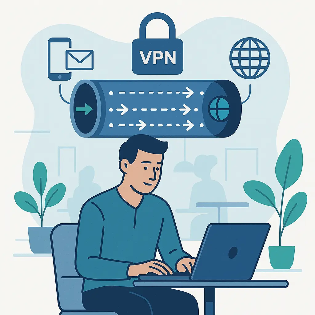 Person sitting at laptop in coffee shop with VPN connection interface overlay showing encrypted tunnel visualization