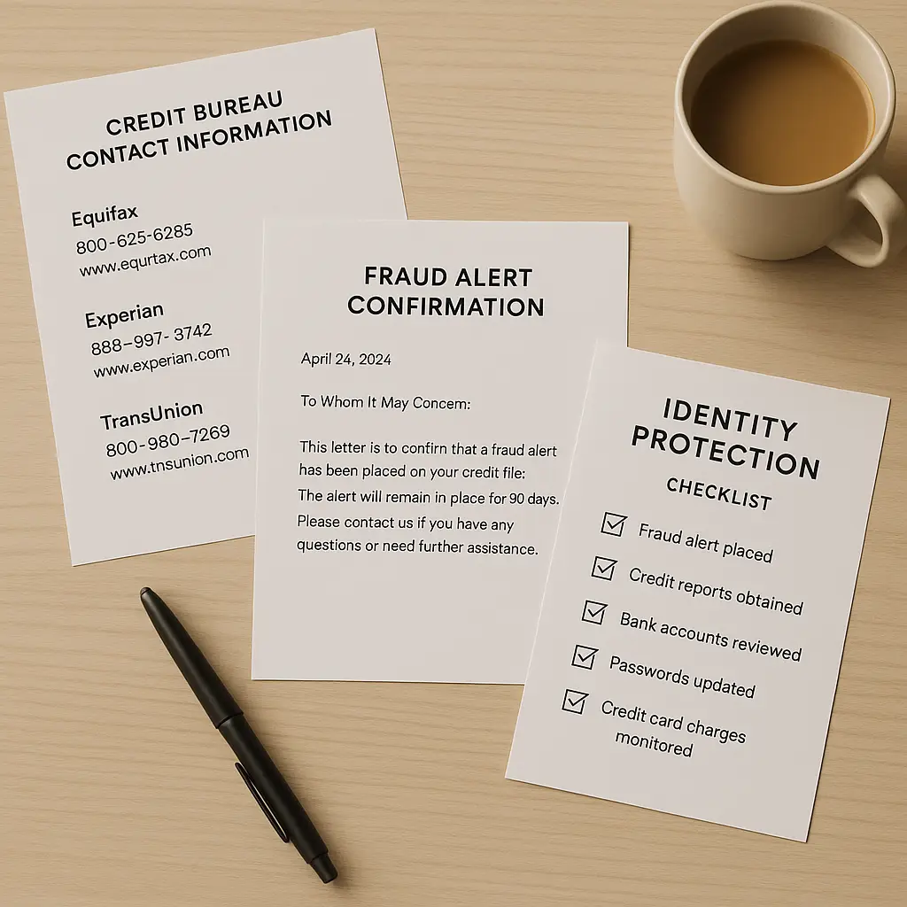 Paper documents with Social Security number visible, overlaid with security checklist and action steps