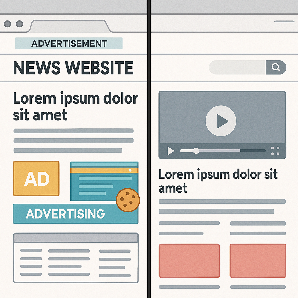 Side-by-side browser windows showing the same webpage with and without ad blocking, highlighting blocked trackers and cleaned layout
