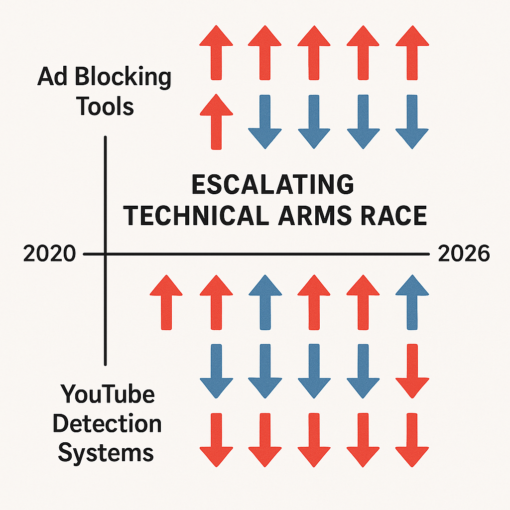 Technical diagram showing YouTube's multi-layered ad blocker detection system with JavaScript checks, network pattern analysis, and behavioral monitoring