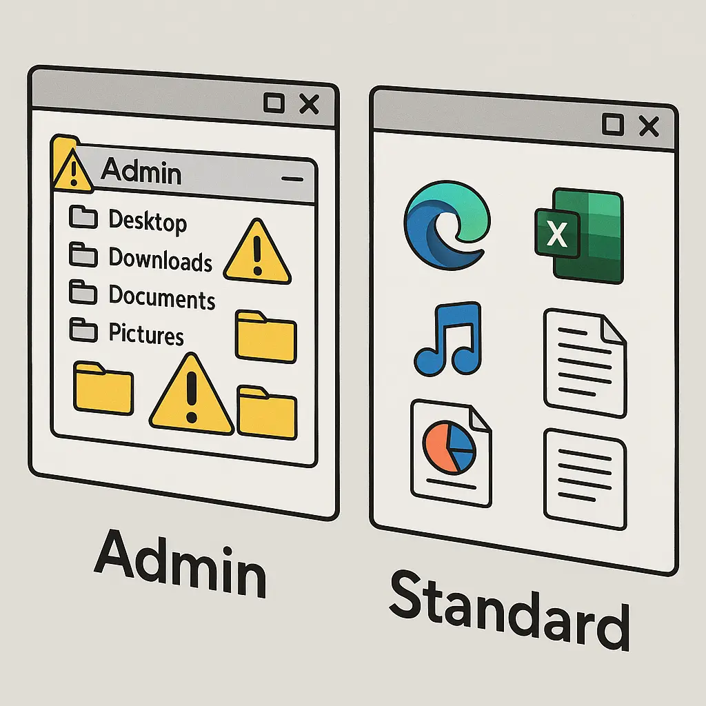 Diagram showing a standard user account as the default workspace, with an admin account elevated only when needed for specific tasks like software installation