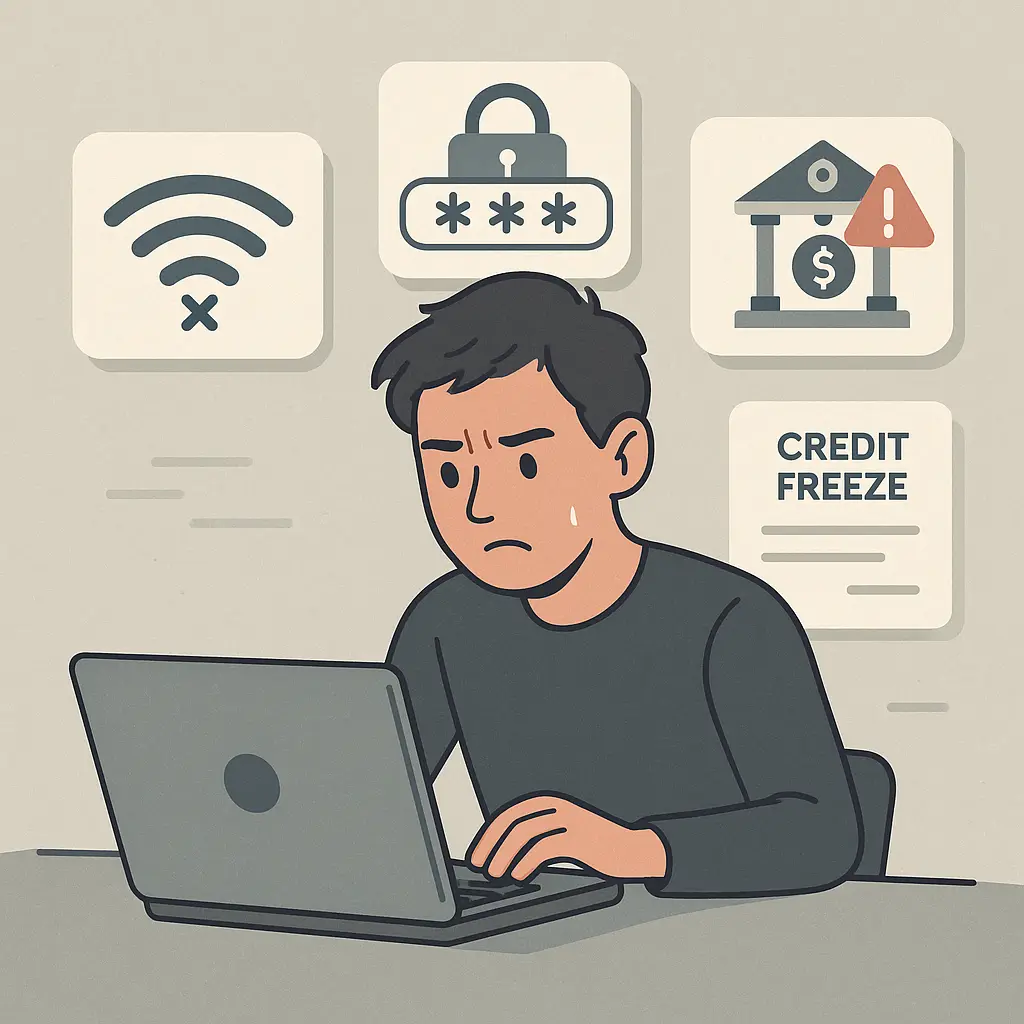 Person at laptop with urgent notification icons appearing on screen