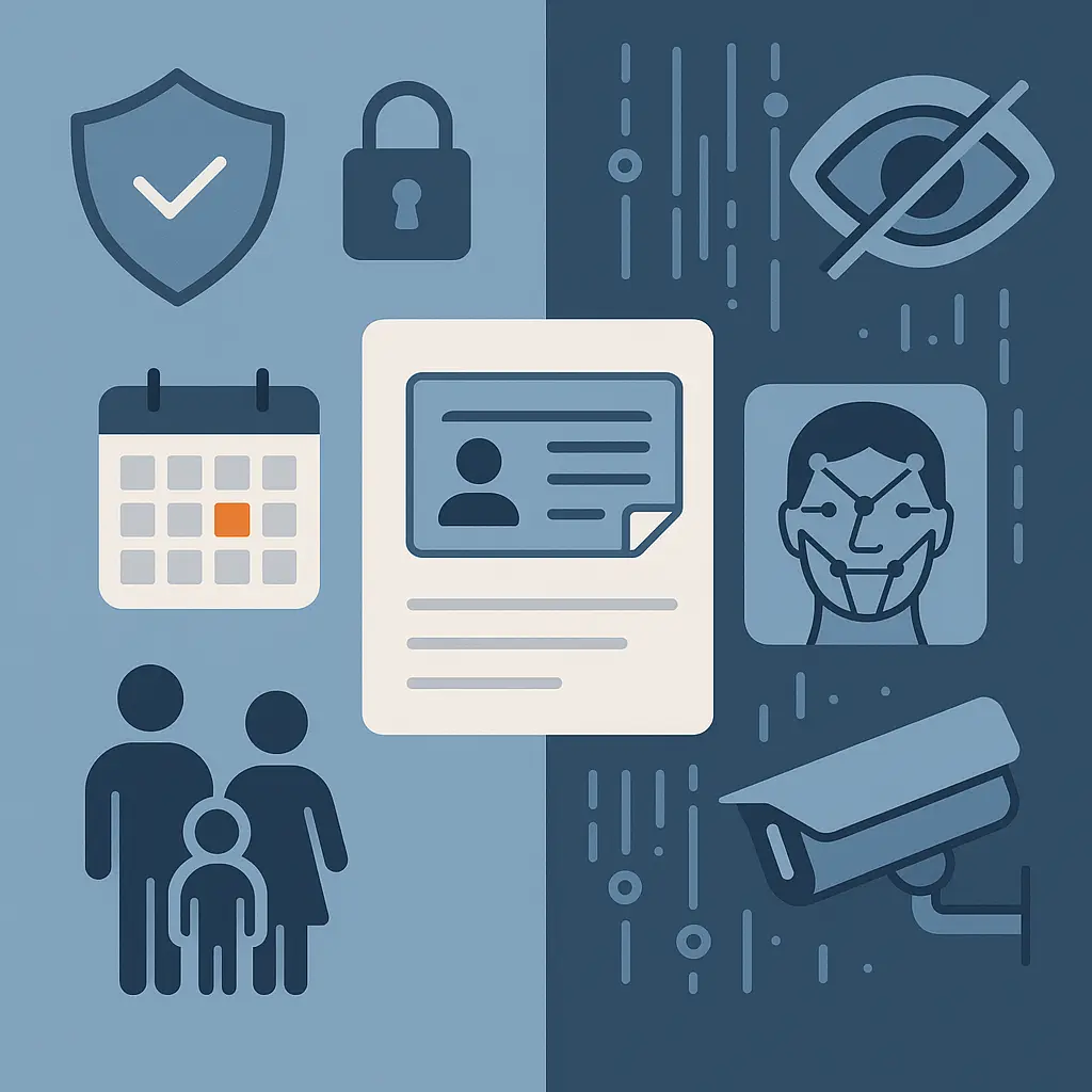 Stylized illustration of a phone screen showing an age verification prompt with ID document icons and privacy shield symbols in the background