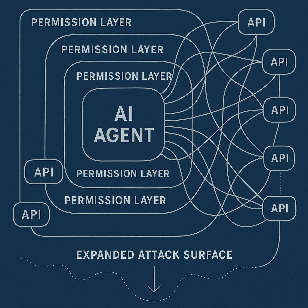 Abstract visualization of interconnected AI agent nodes with permission pathways extending outward