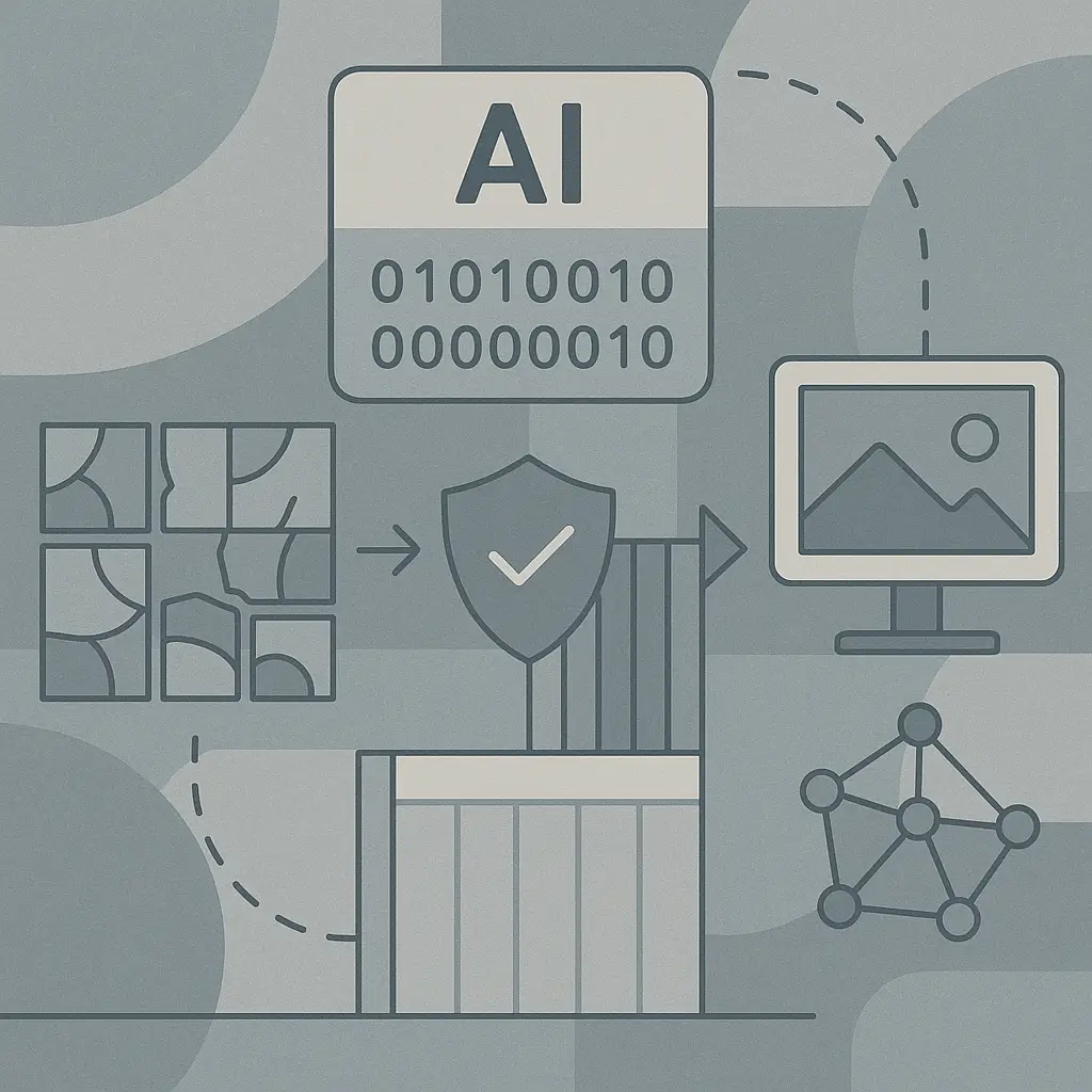 Abstract digital illustration showing fragmented images being analyzed by detection systems