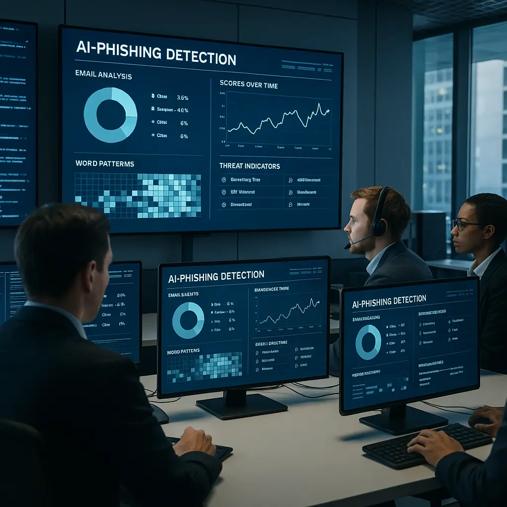 Security analyst reviewing phishing detection dashboard with AI-generated email samples highlighted