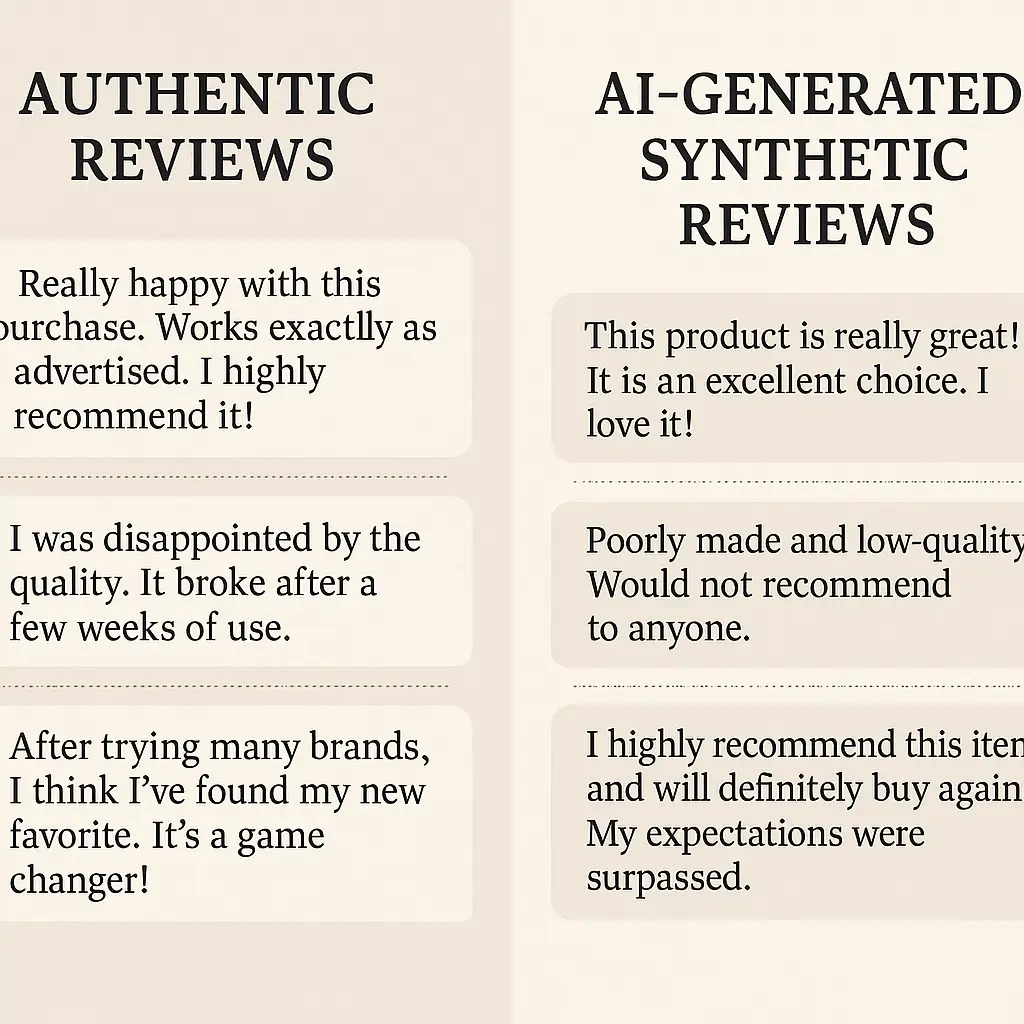 Comparison view showing authentic human review text versus AI-generated review patterns