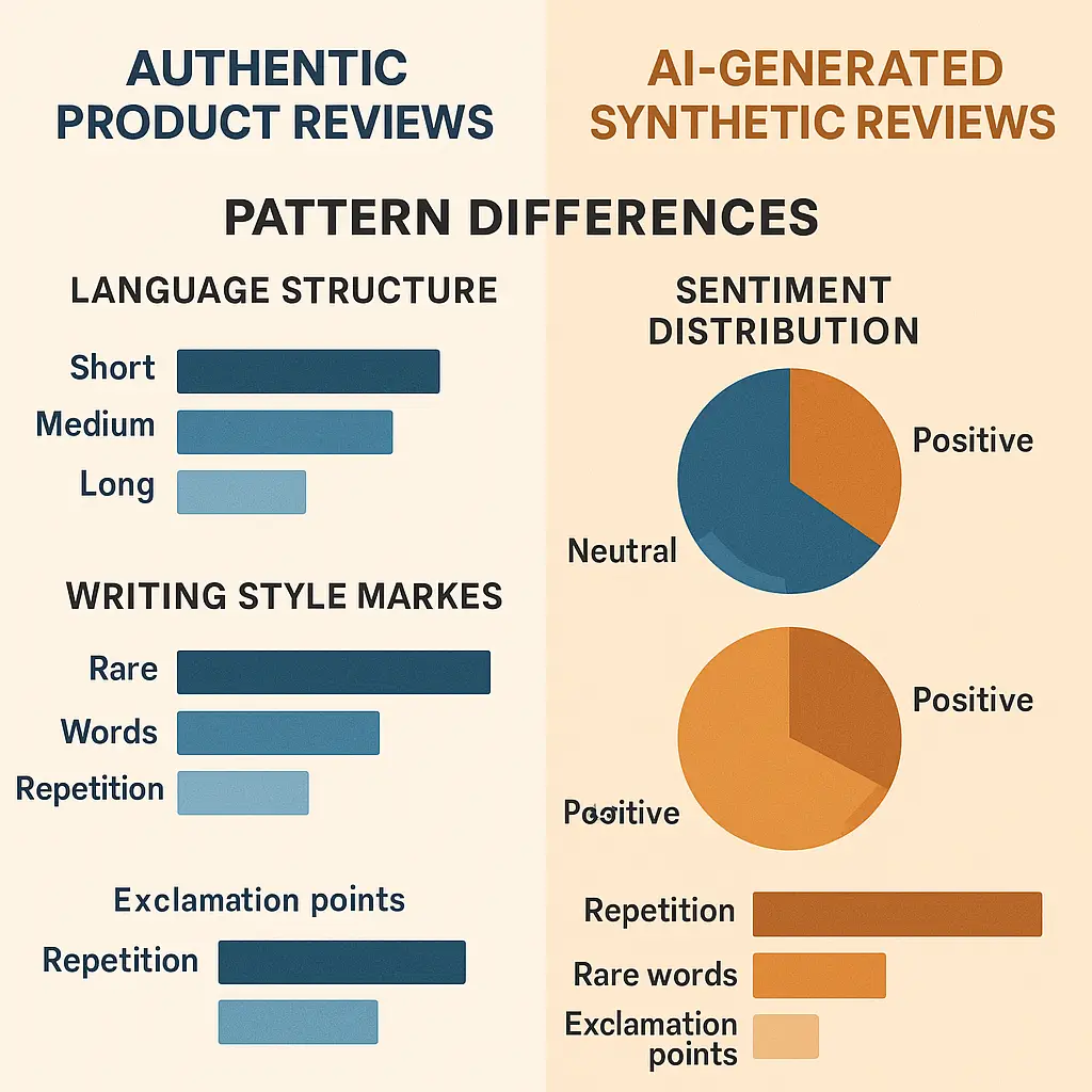 Abstract visualization of AI-generated text patterns overlaying product review interfaces