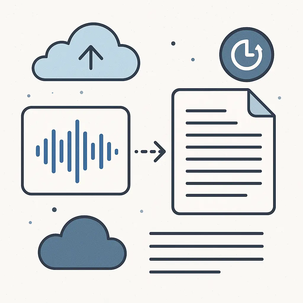 Abstract visualization of audio waveforms being processed into text and stored in cloud servers