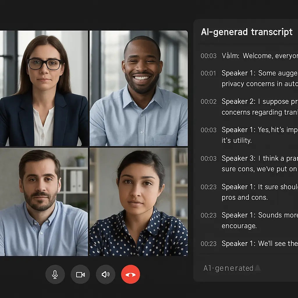 A laptop screen displaying a video call with an AI transcript panel showing speaker names and timestamped text, representing the automatic capture of meeting conversations