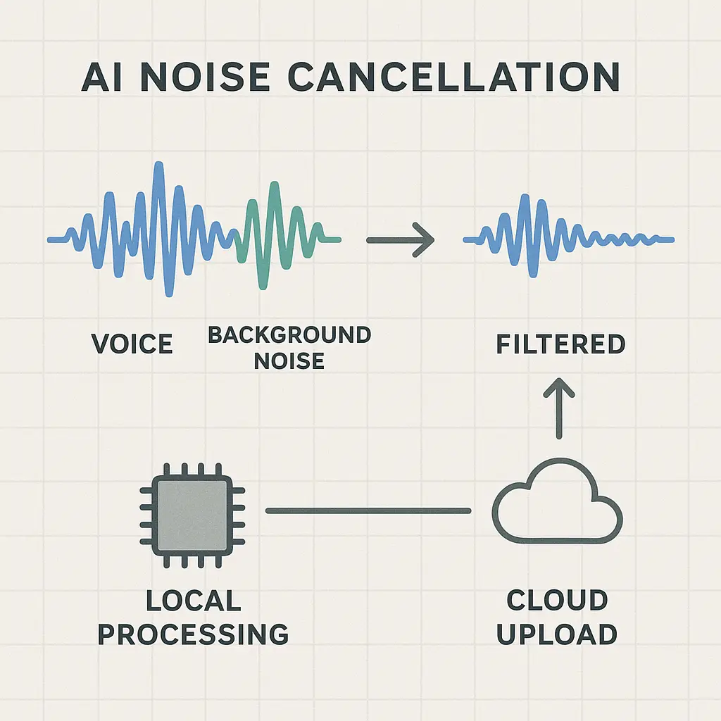 Privacy settings interface showing local processing indicators and data retention controls for AI noise cancellation software