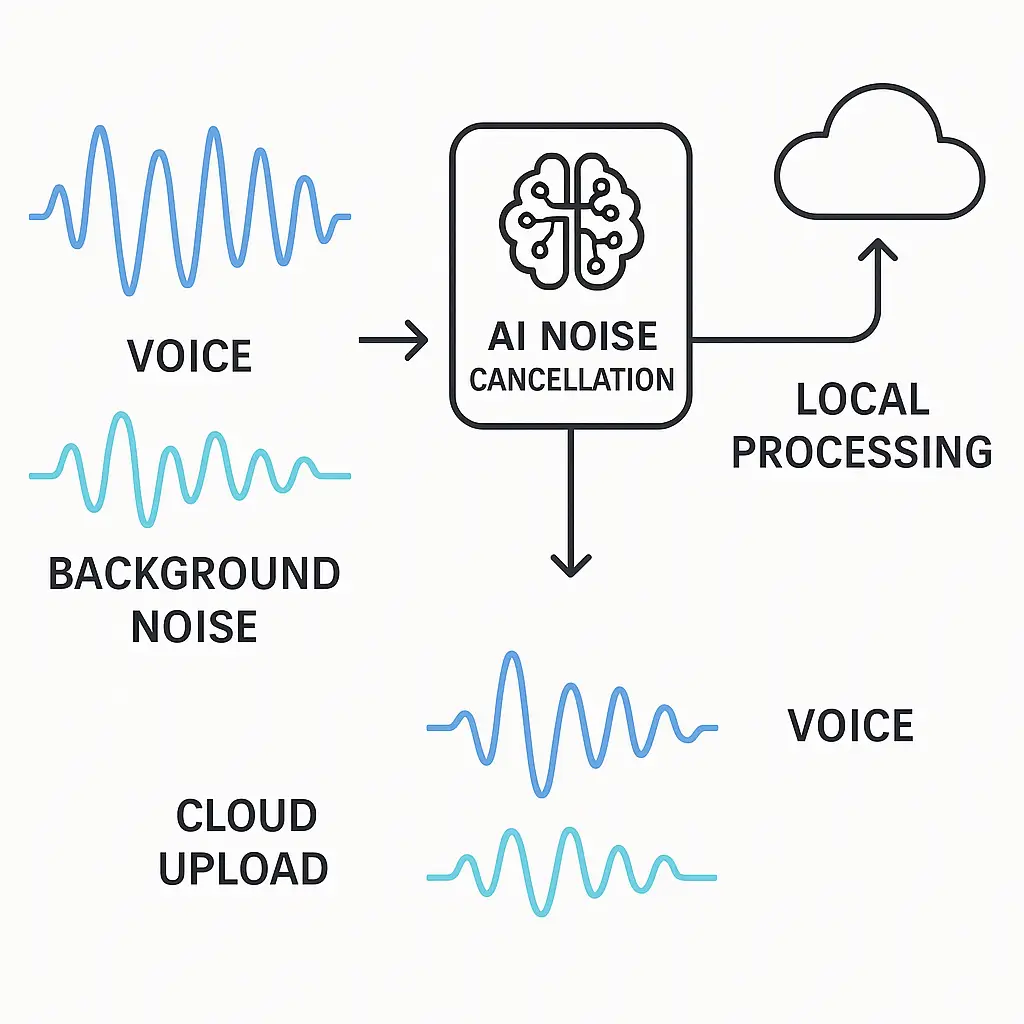 Waveform visualization showing audio processing with AI noise cancellation filtering background sounds from voice data