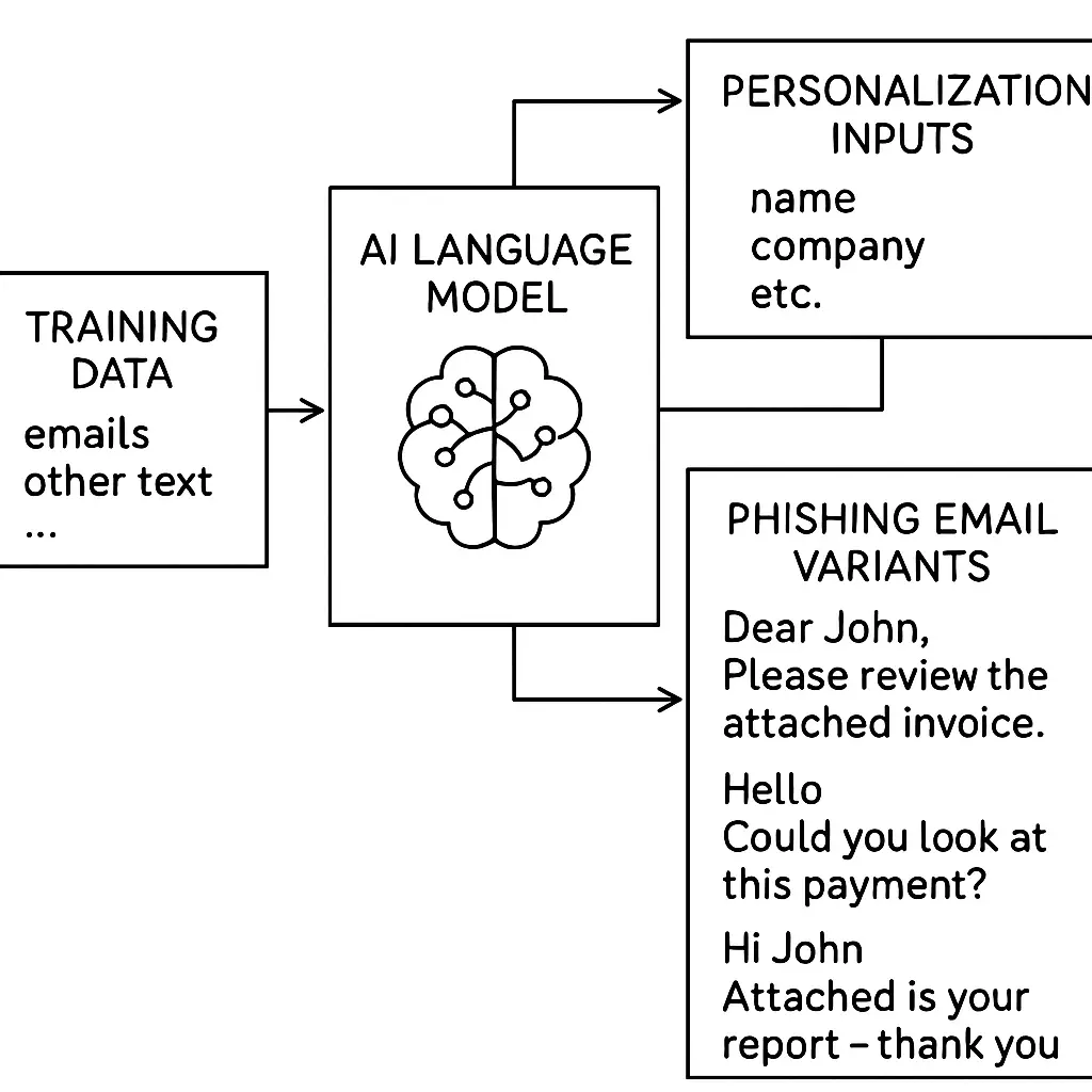 Abstract visualization of AI language model generating phishing email text with targeting parameters