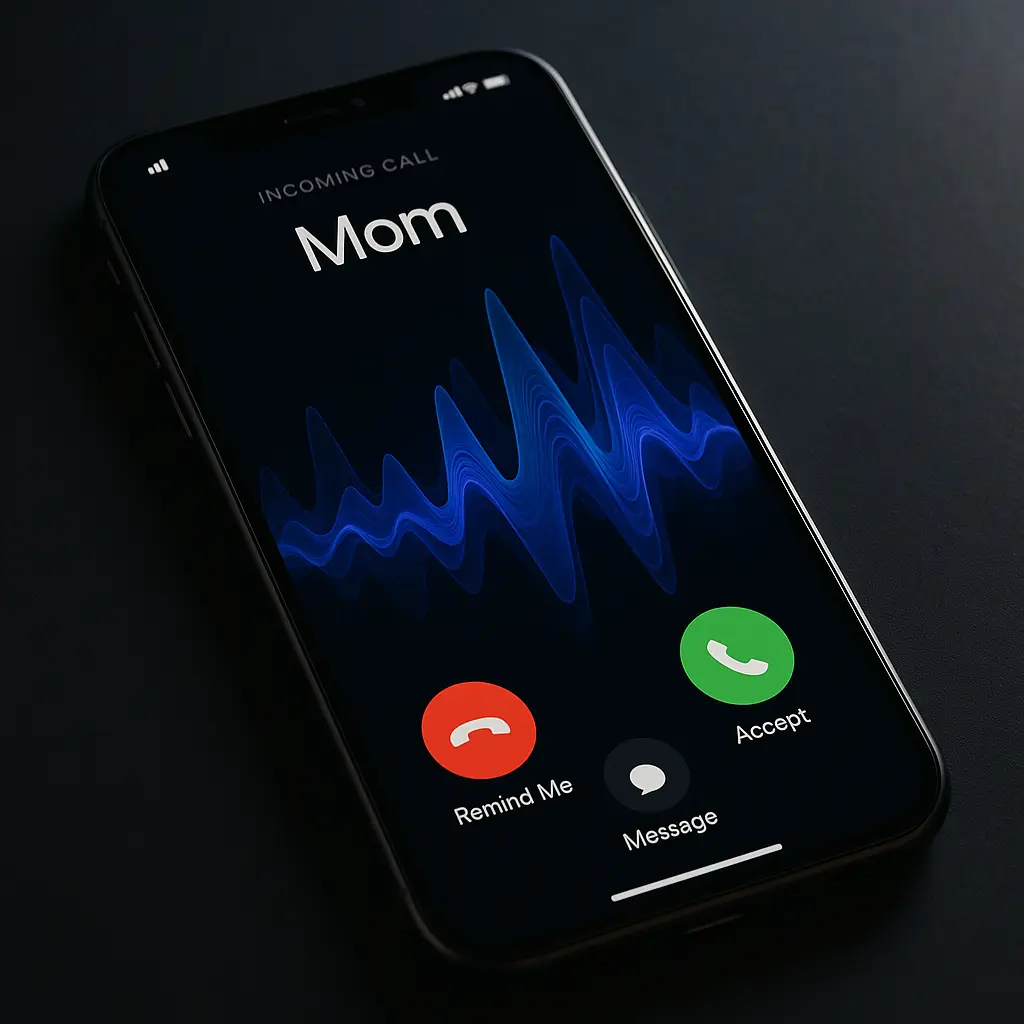 Smartphone displaying incoming call from 'Mom' with waveform visualization overlay suggesting synthetic audio generation