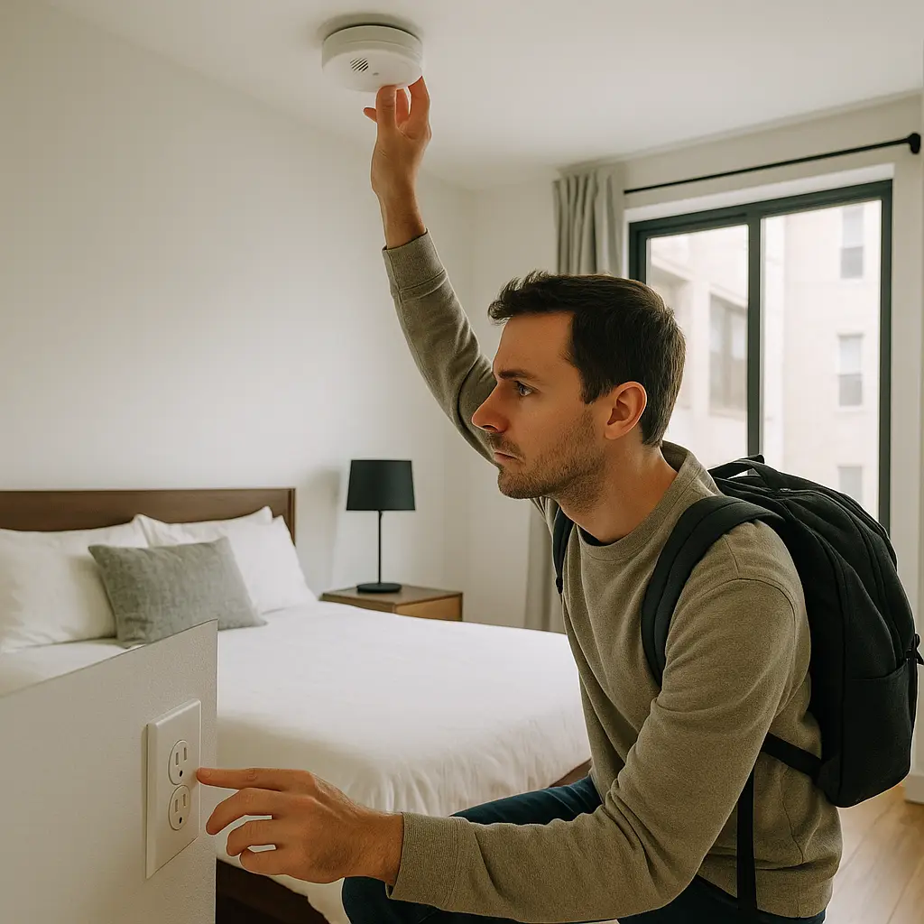 Traveler reviewing rental listing disclosure policies on laptop before booking