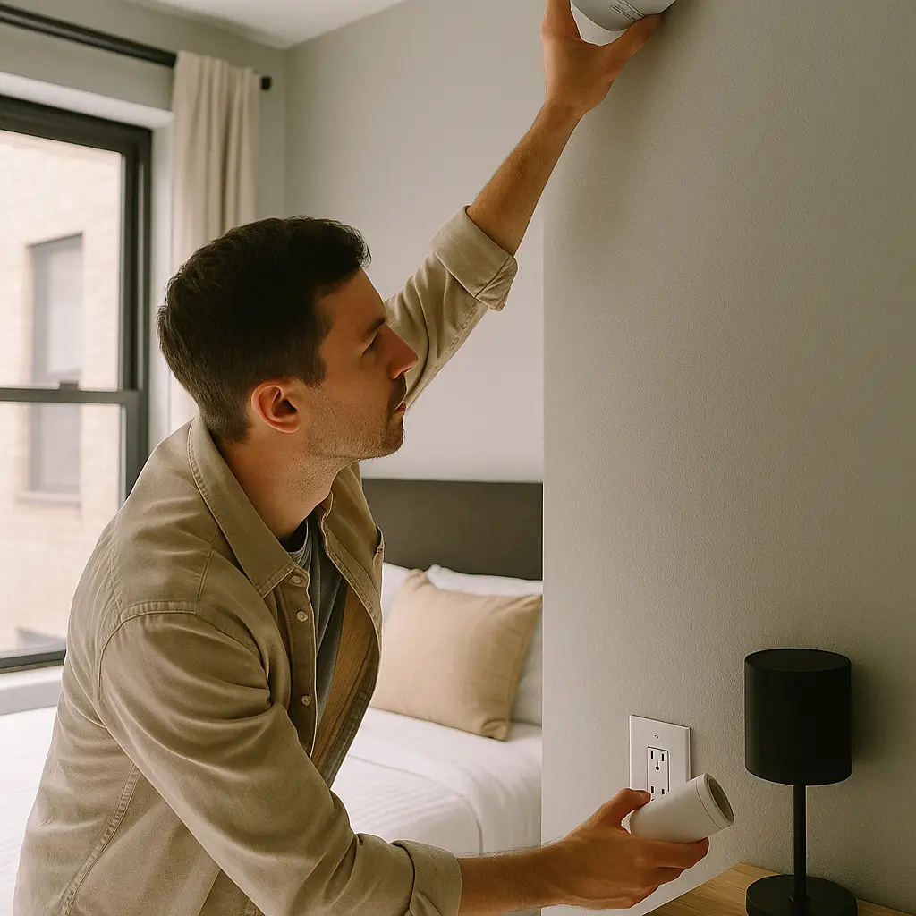 Person inspecting smoke detector and electrical outlets in rental property bedroom