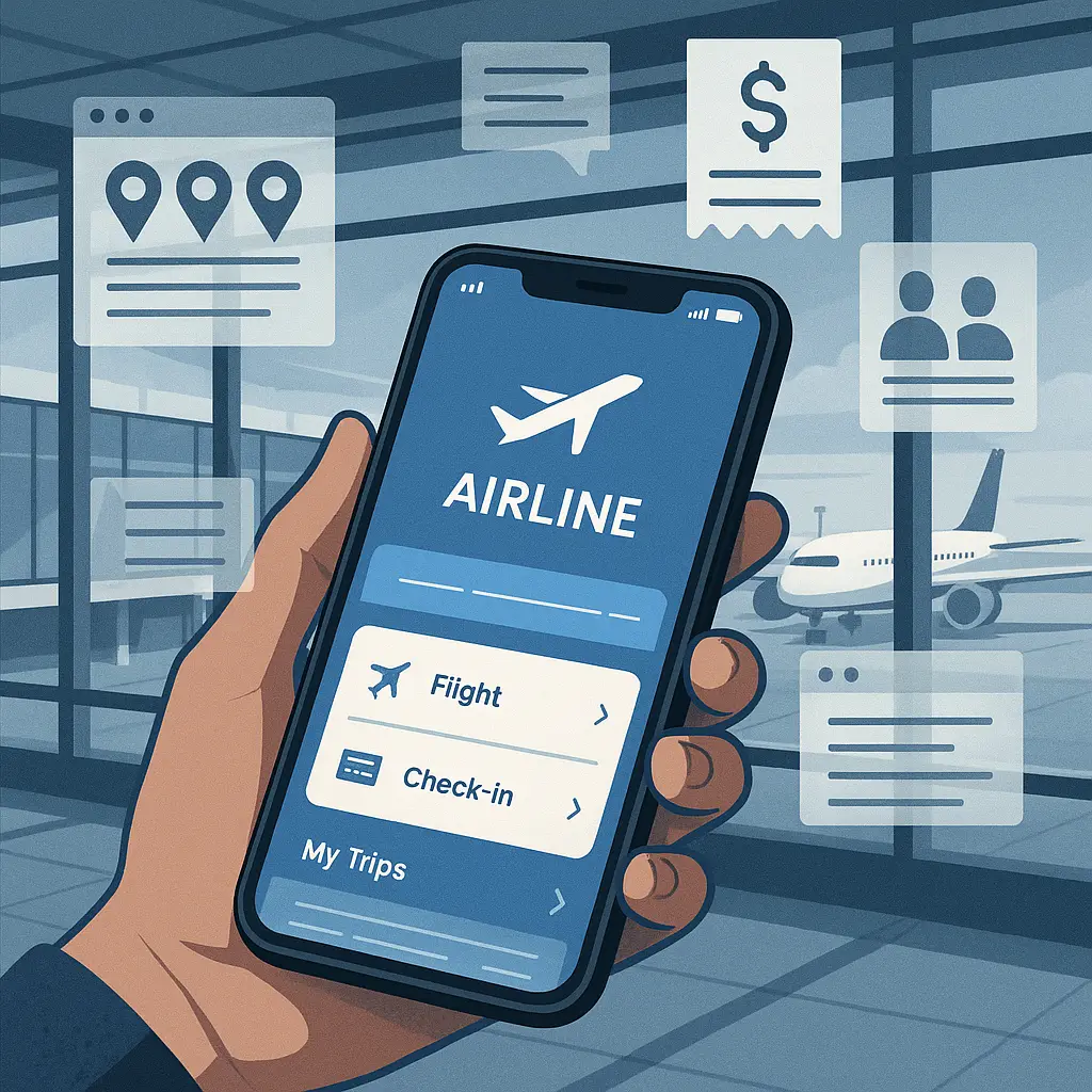 Airport terminal gate area with travelers using phones, subtle overlay showing invisible data streams flowing from devices