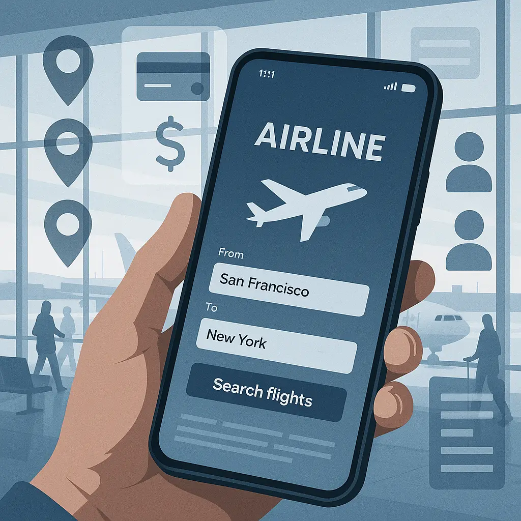 Smartphone displaying airline app with flight details, overlaid with semi-transparent data collection icons showing location pins, purchase receipts, and contact lists