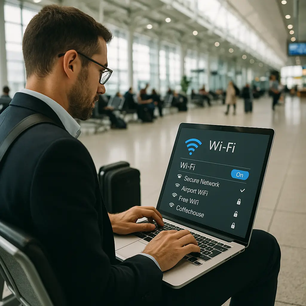 Traveler working on laptop in airport terminal with public WiFi network list visible on screen