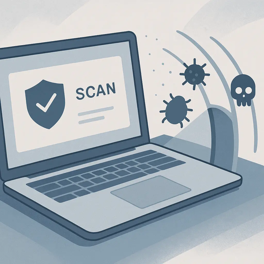 Split screen showing traditional antivirus scan interface on left and modern threat landscape visualization on right