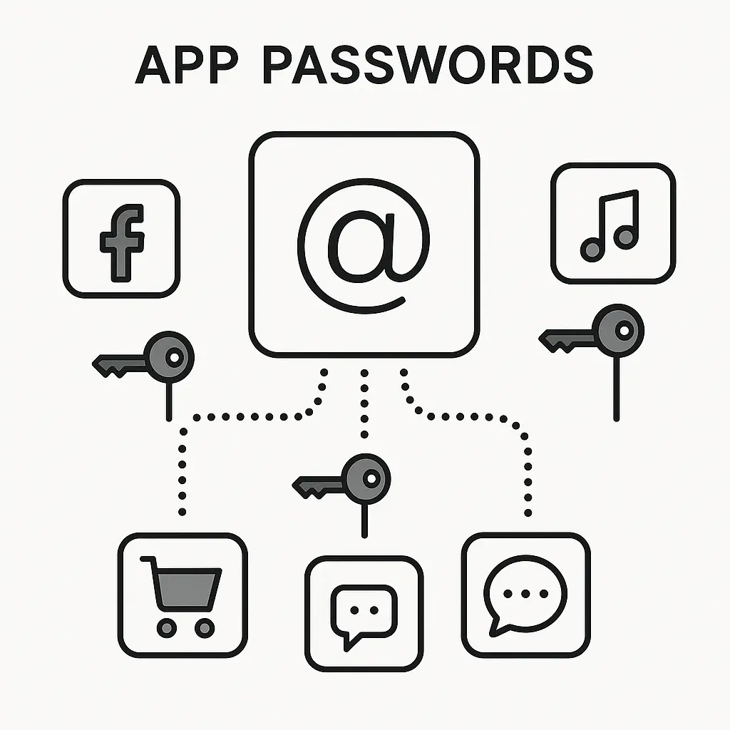 A laptop screen showing an email settings page with an app password field highlighted, alongside a smartphone displaying a third-party email app