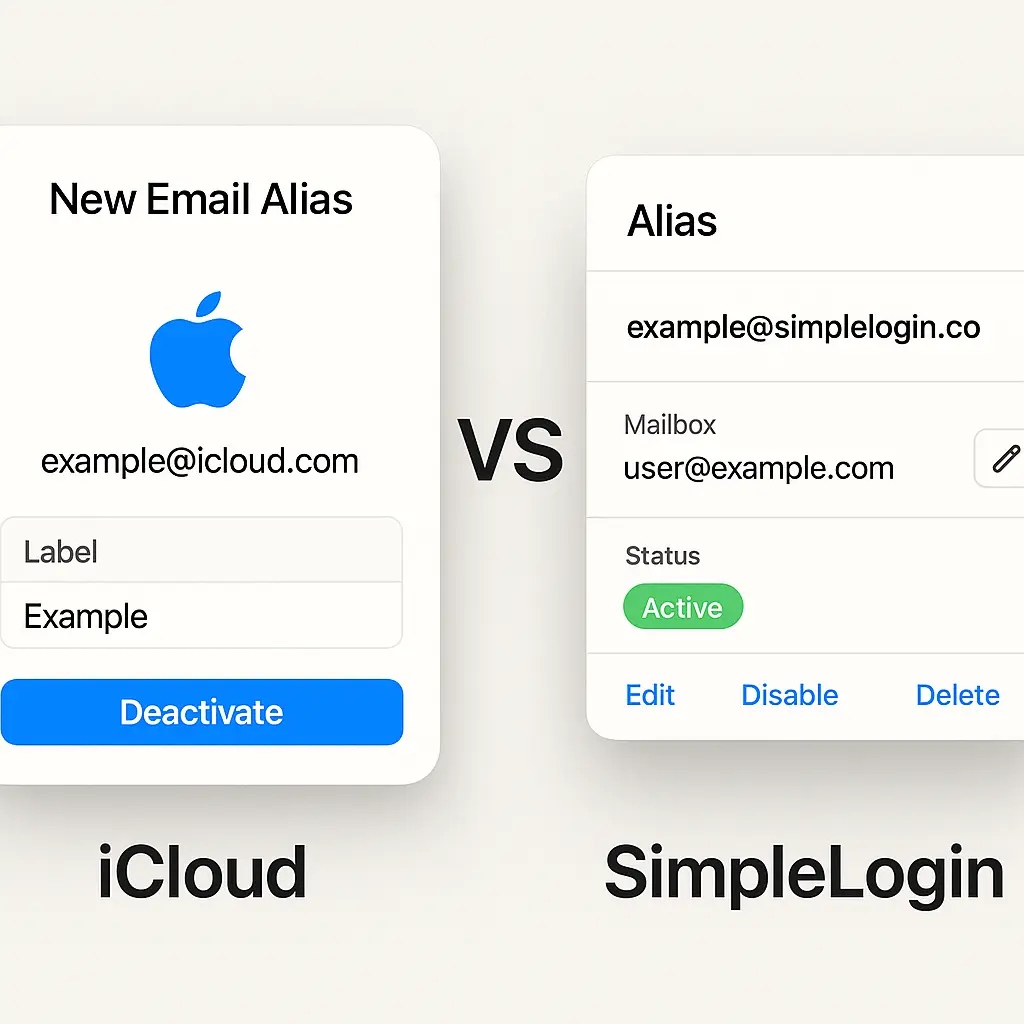 Decision tree diagram helping readers choose between Apple Hide My Email and SimpleLogin based on their ecosystem, portability needs, and control preferences