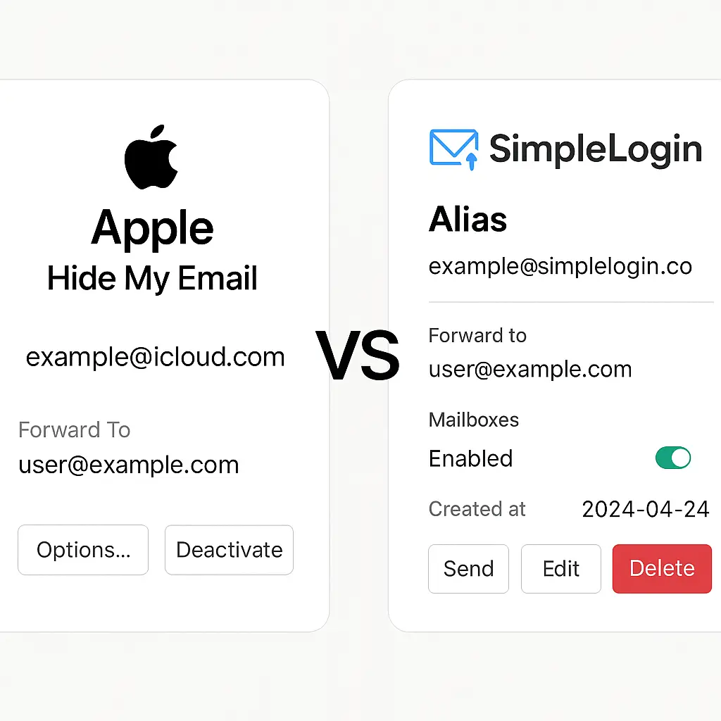 Split screen comparison showing Apple Hide My Email interface on left and SimpleLogin dashboard on right, both displaying generated email aliases