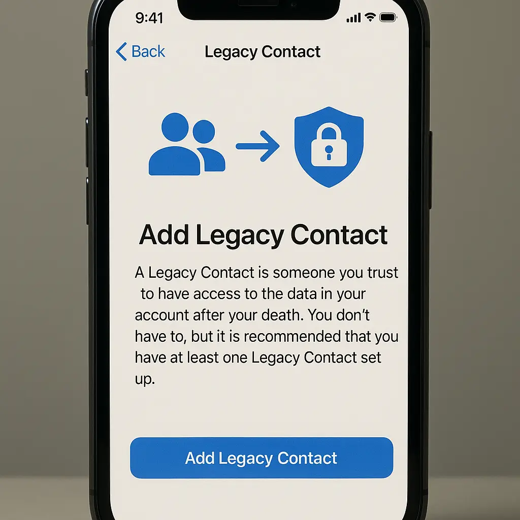 iPhone screen showing Legacy Contact setup interface with silhouette icon and inheritance symbol