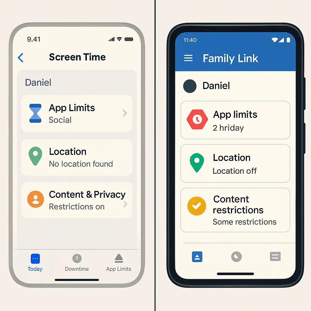 Decision tree diagram helping parents choose between Apple Screen Time and Google Family Link based on their specific needs