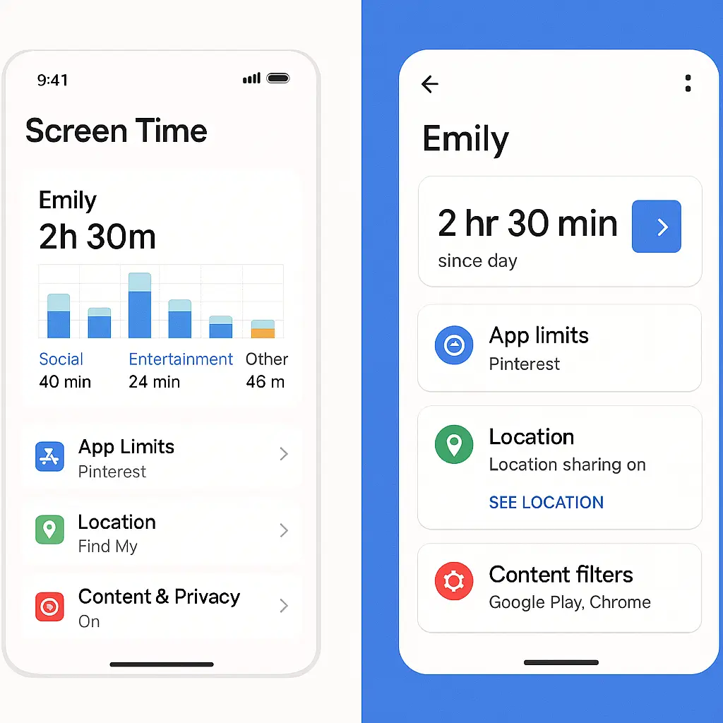 Side-by-side comparison of Apple Screen Time and Google Family Link interface screens showing parental control settings
