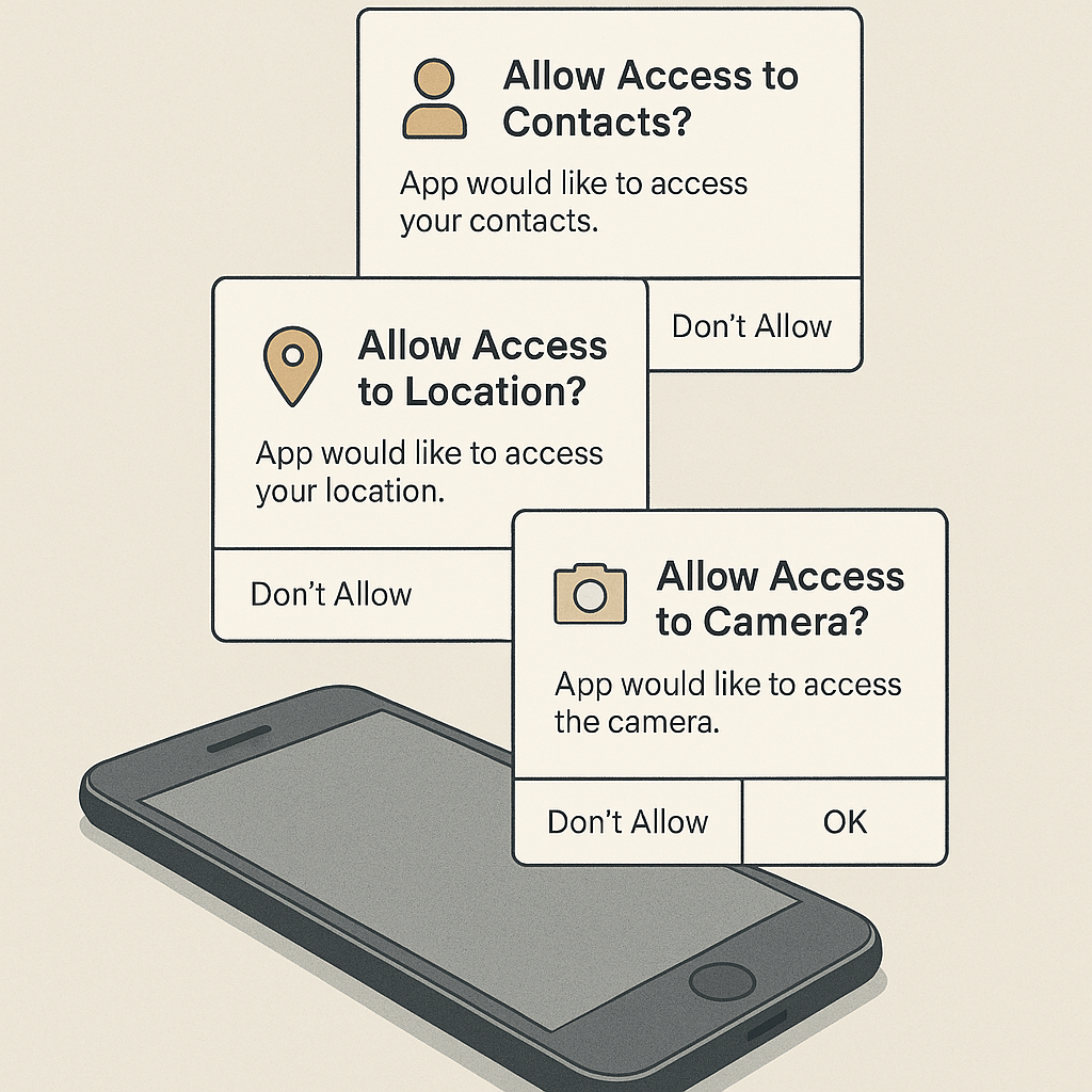 Smartphone screen showing permission request dialog with checkboxes for contacts, location, camera, and microphone access