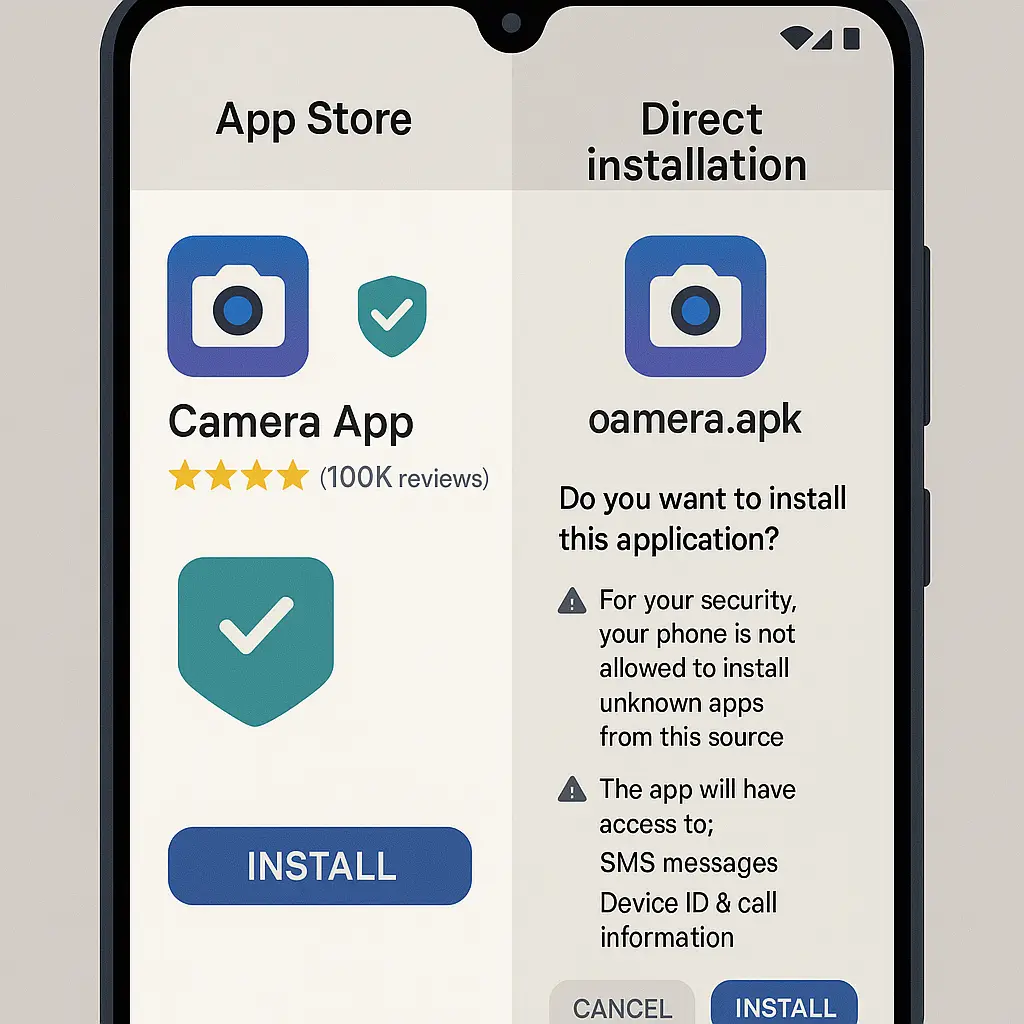 Smartphone screen showing an app installation prompt with security warning, split between official app store interface and direct APK installation dialog