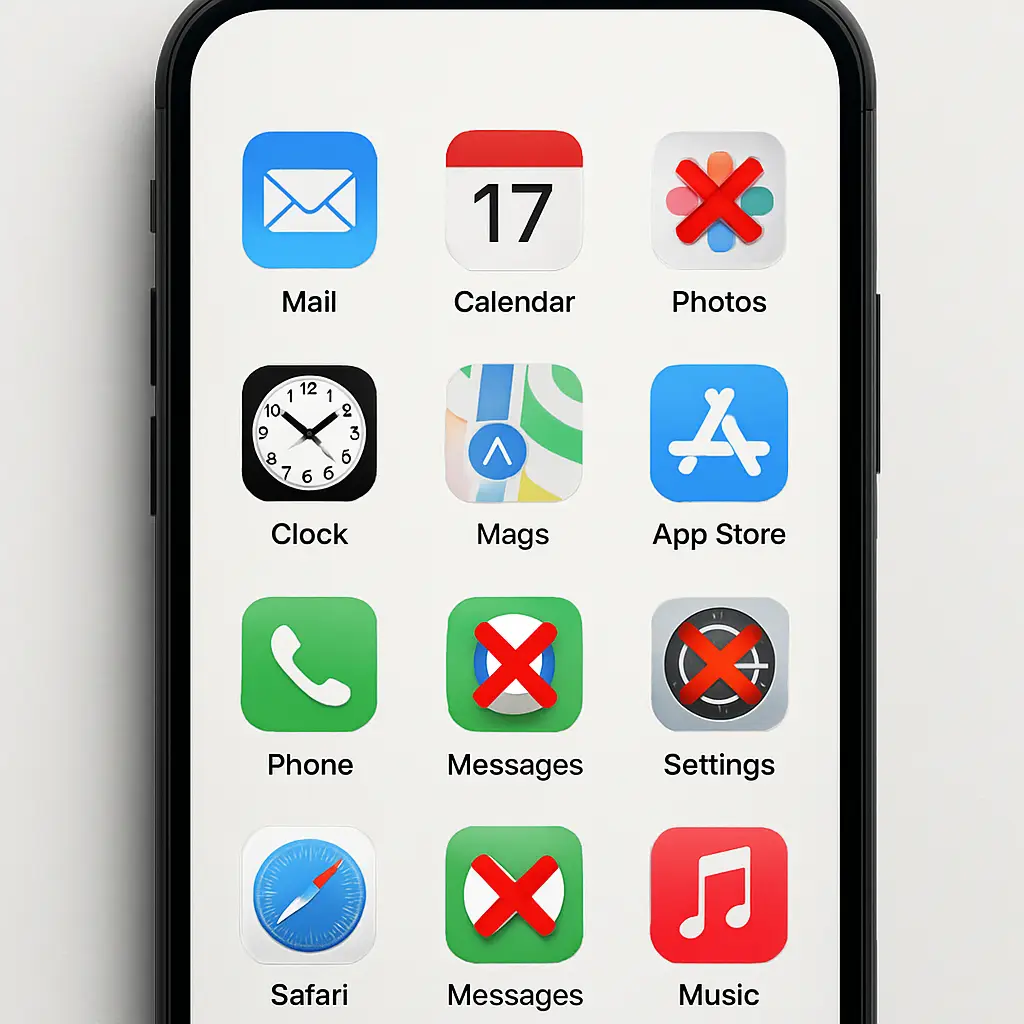 Smartphone screen showing app icons with some highlighted for deletion