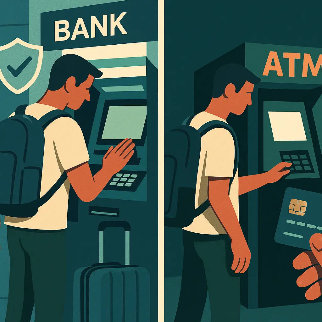 Secure international ATM transaction with verification steps highlighted