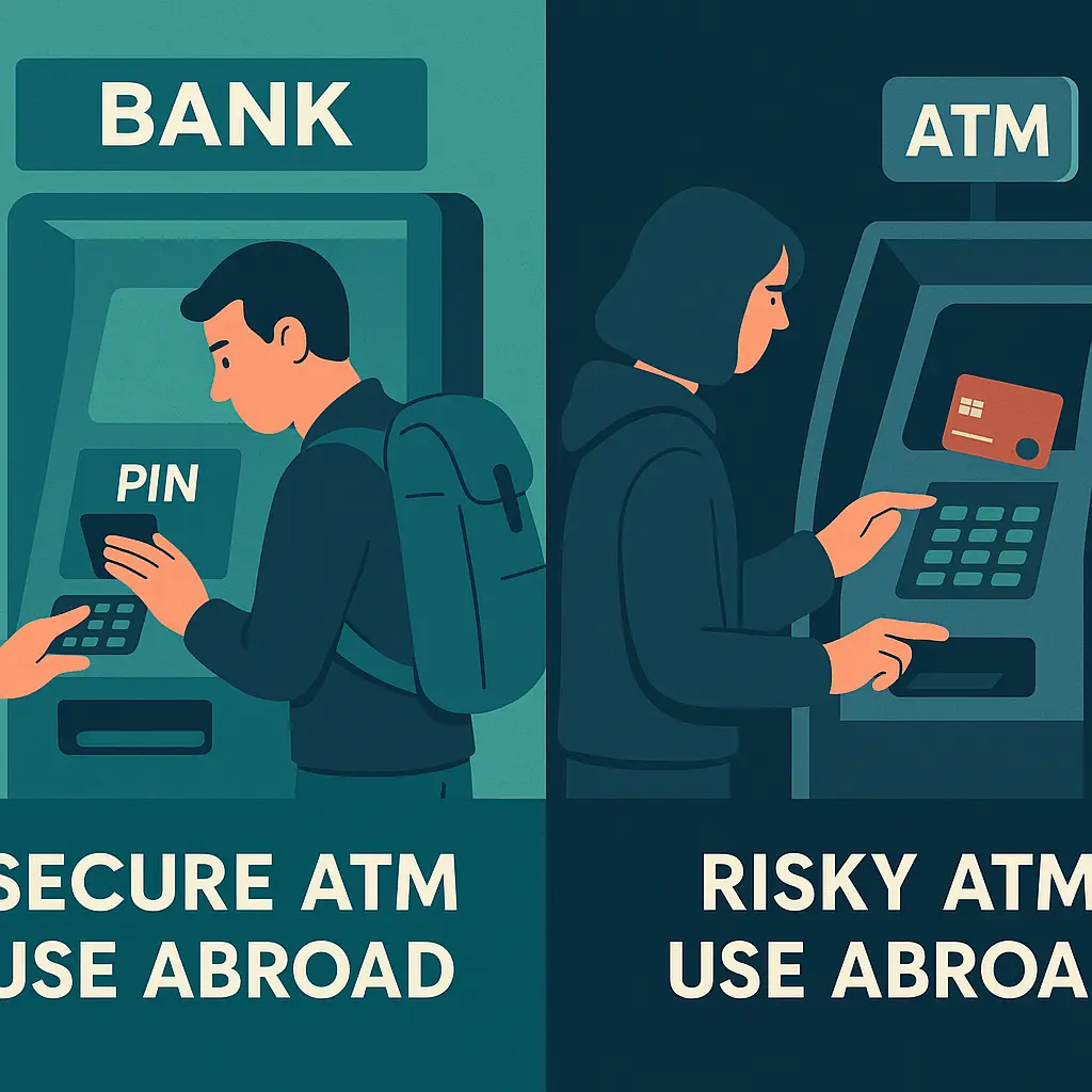 Traveler using ATM with security overlay showing protective measures