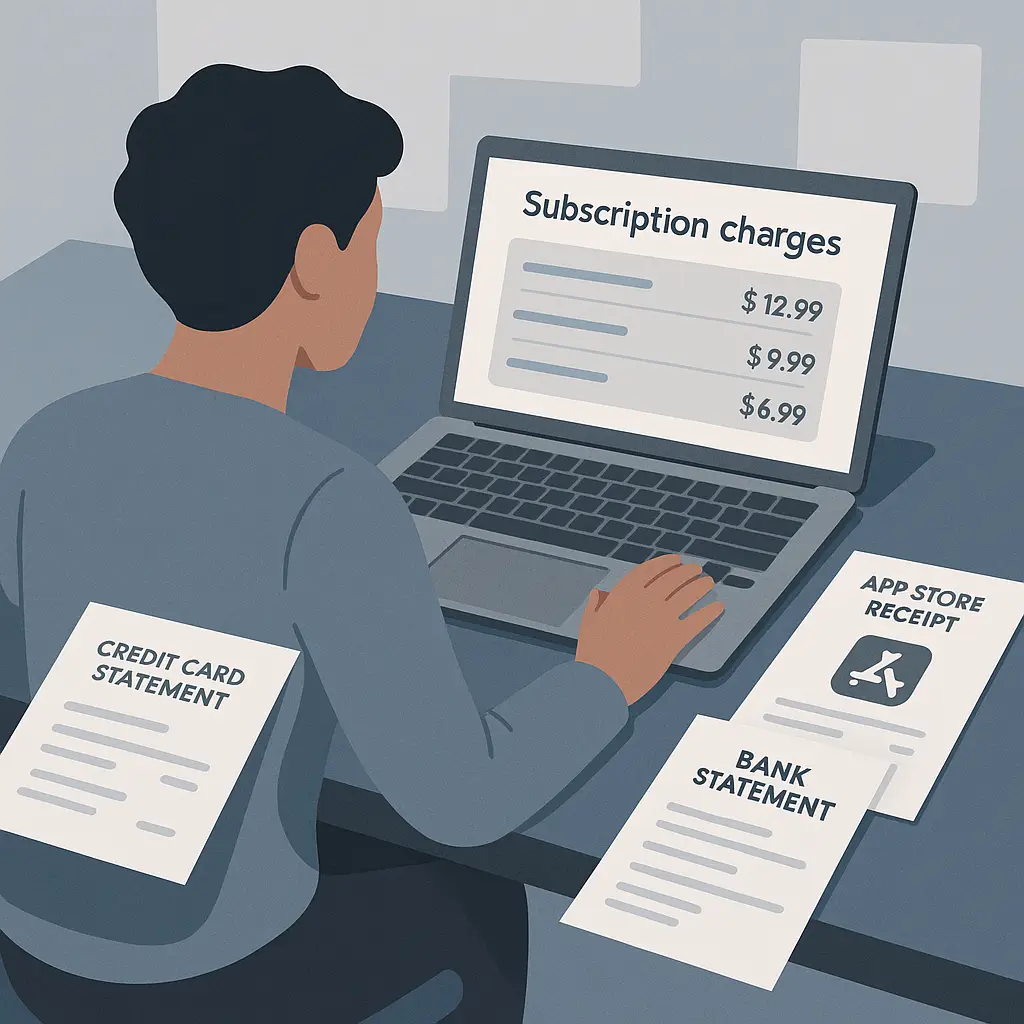 Clean desk with a single organized spreadsheet showing active subscriptions with clear cancellation dates and renewal reminders