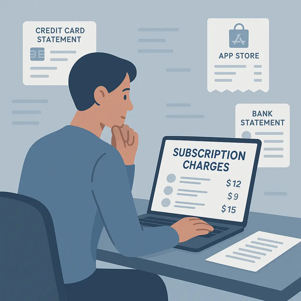 Person reviewing multiple subscription charges on a laptop screen with credit card statements and app store receipts spread across a desk