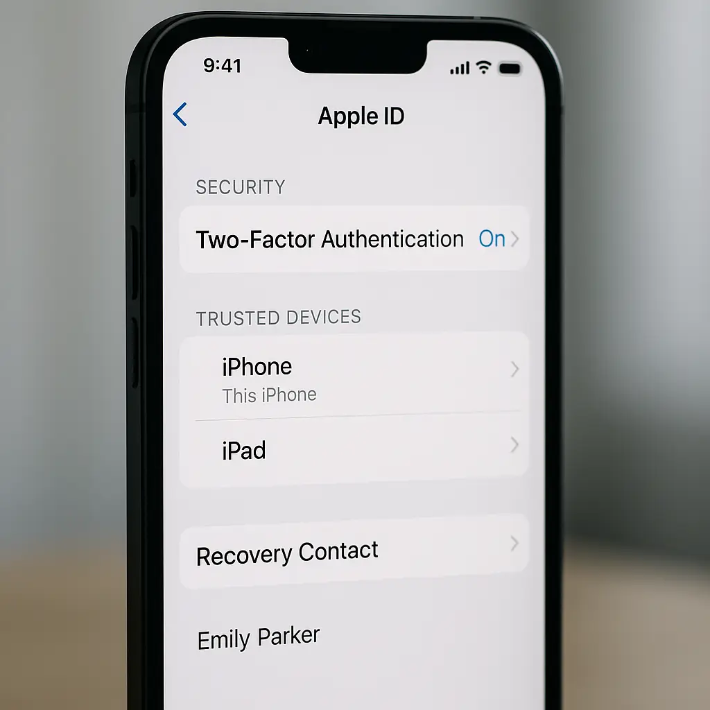 iPhone displaying Apple ID security settings screen with checkmarks next to completed security steps