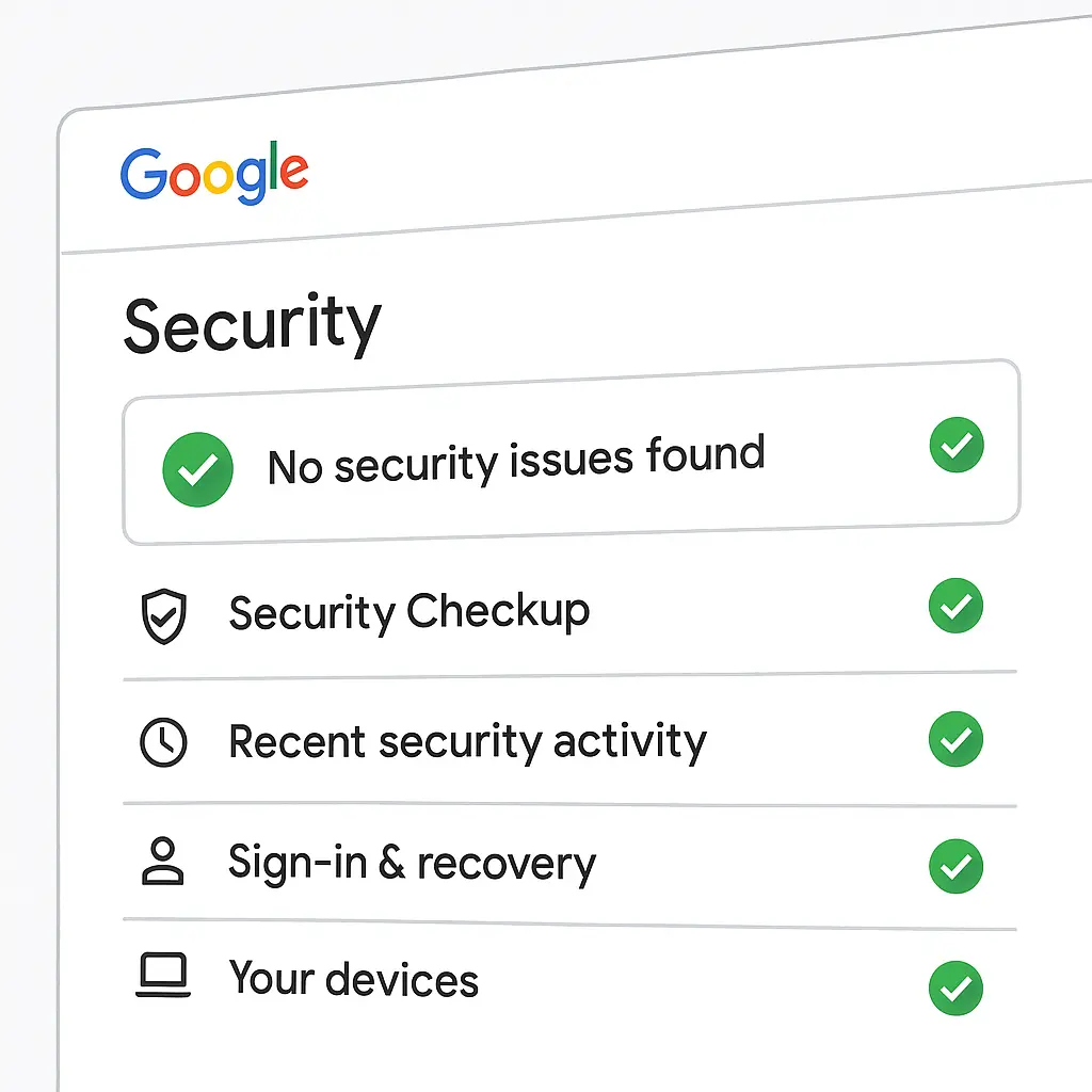 Google account settings page with all security recommendations resolved