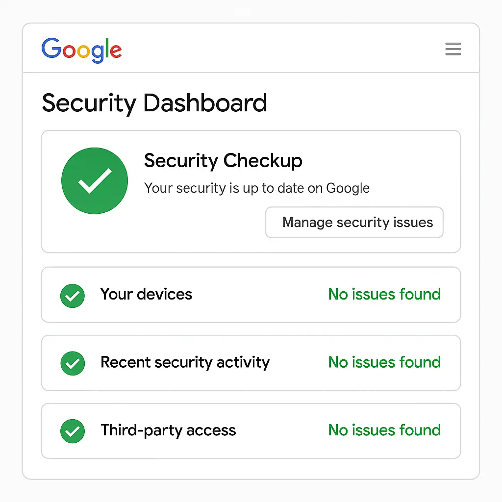 Google Security Checkup dashboard showing green checkmarks next to password strength, two-factor authentication, and connected devices sections