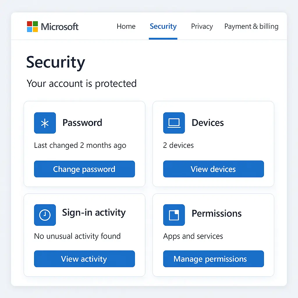Clean dashboard interface showing Microsoft account security settings with checkmarks next to completed review items