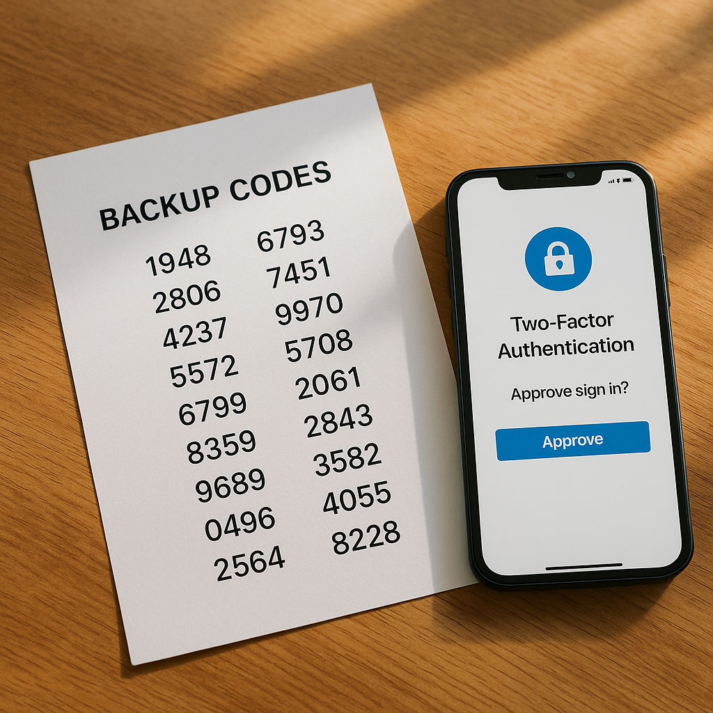 Printed backup codes stored in a small fireproof safe alongside important documents